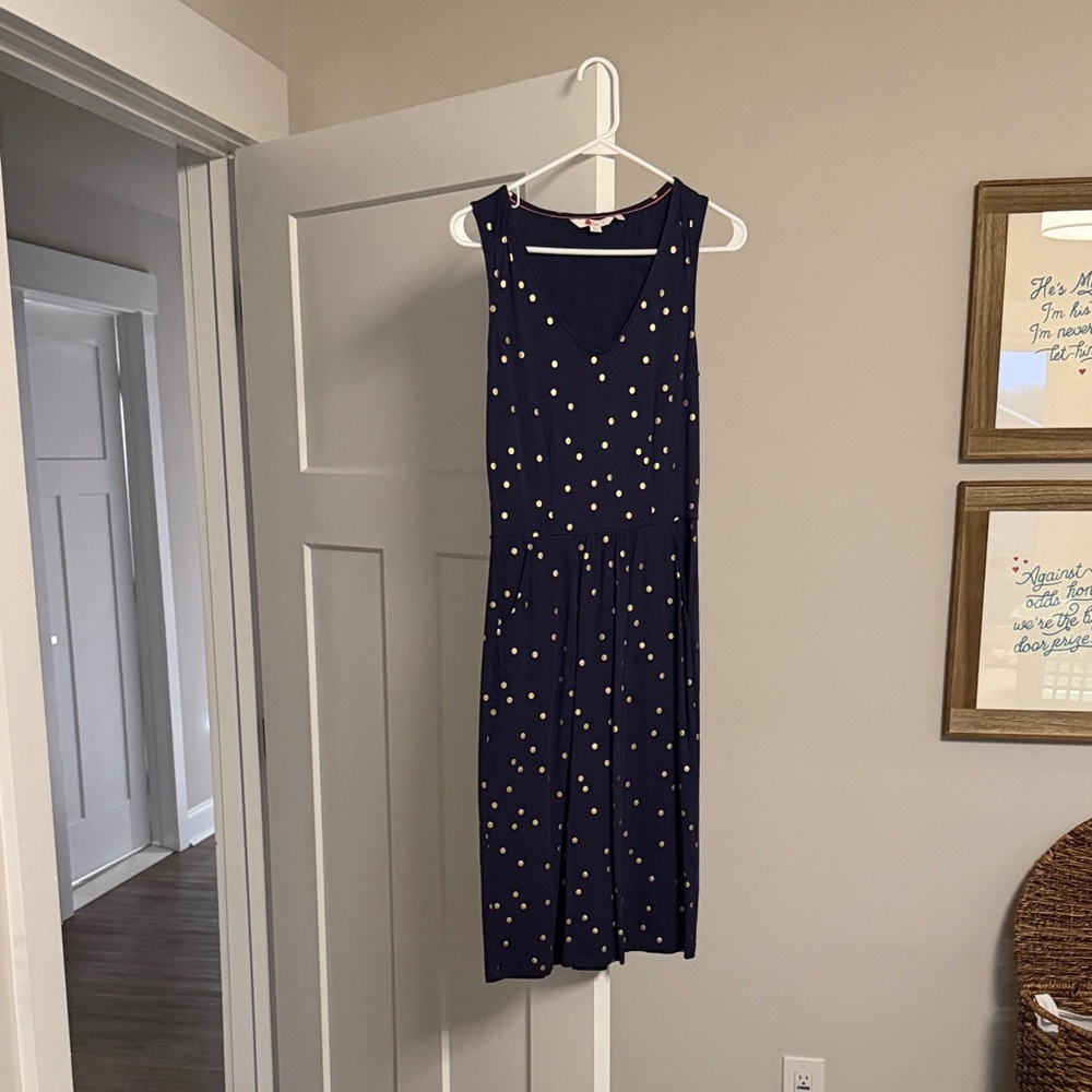 Boden Navy Dress with Gold Polka Dots